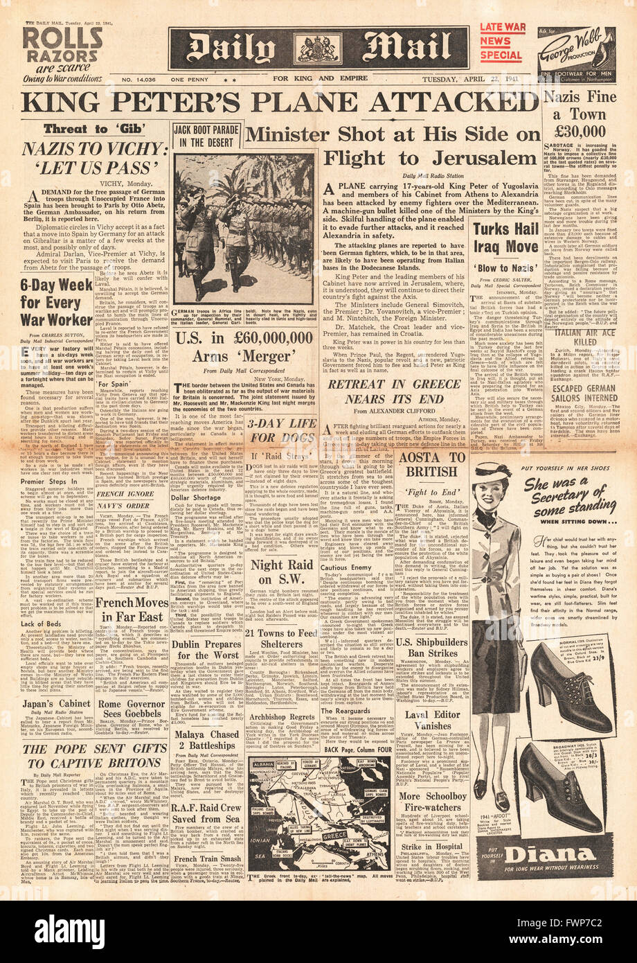 1941 front page Daily Mail King Peter of Yugoslavia flees to Jerusalem Stock Photo