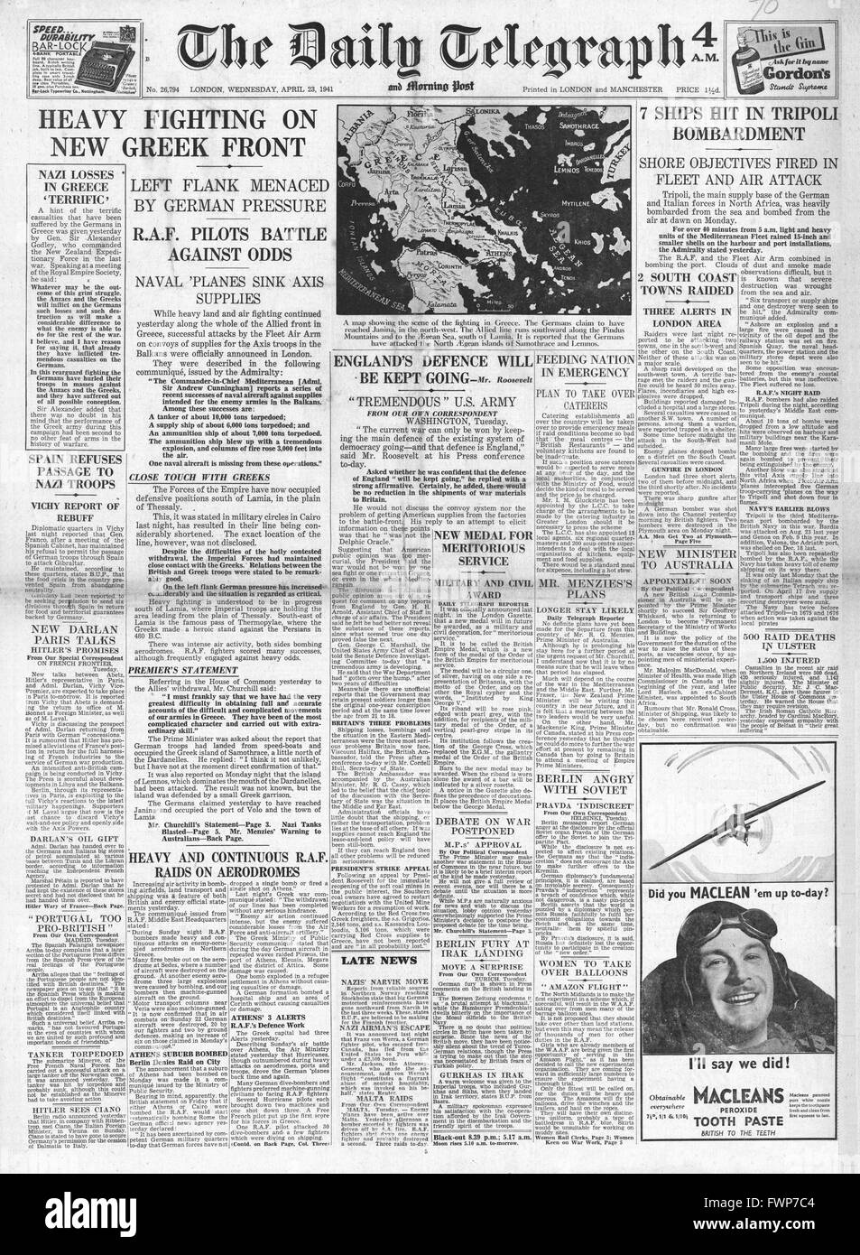 1941 front page  Daily Telegraph Heavy Fighting in Greece and Royal Navy Shell Tripoli Stock Photo