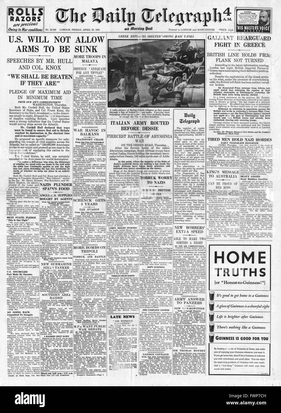 1941 front page  Daily Telegraph United States to Convoy Aid Ships to Britain Stock Photo