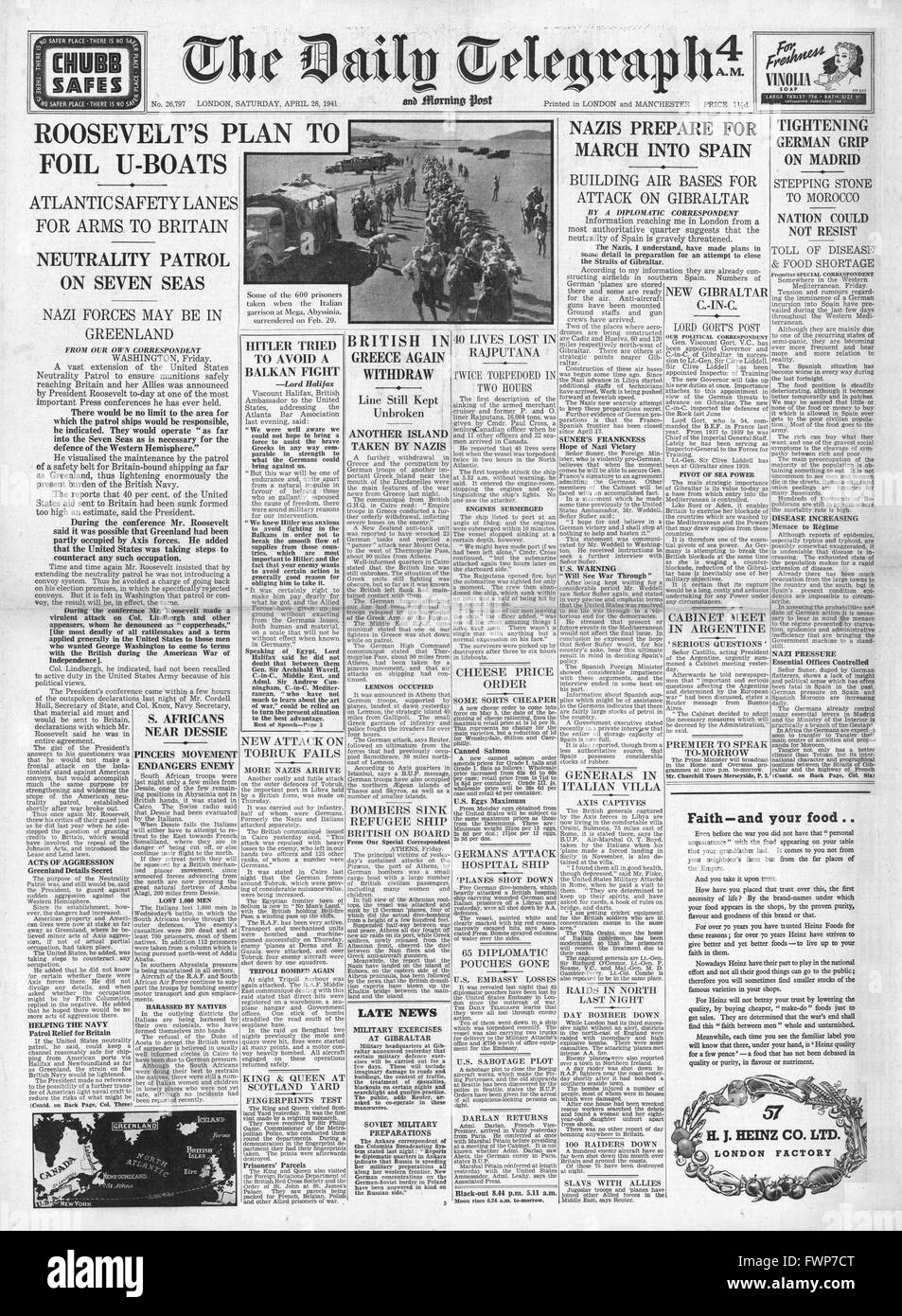 1941 front page  Daily Telegraph Roosevelt's plan to foil U-Boats Stock Photo