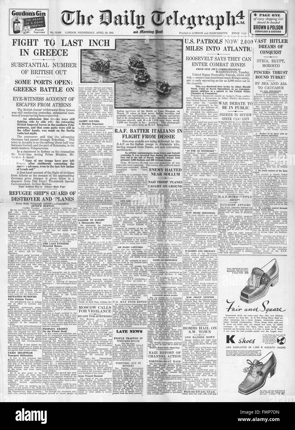 1941 front page  Daily Telegraph Allied Forces withdraw from Greece and U.S. Navy assist in Battle of Atlantic Stock Photo