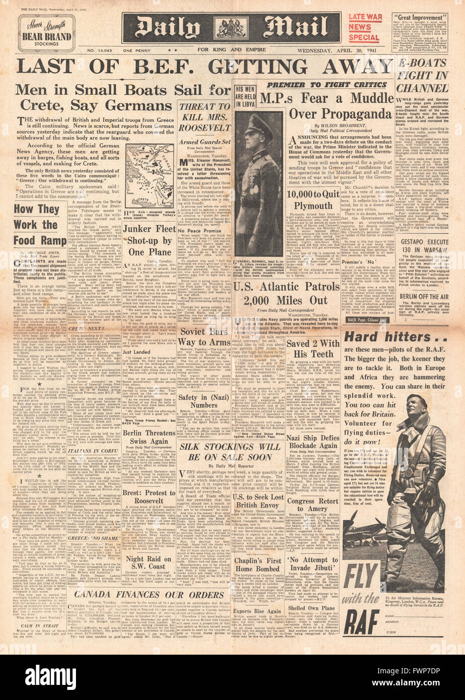 1941 front page  Daily Mail Allied Forces withdraw from Greece Stock Photo