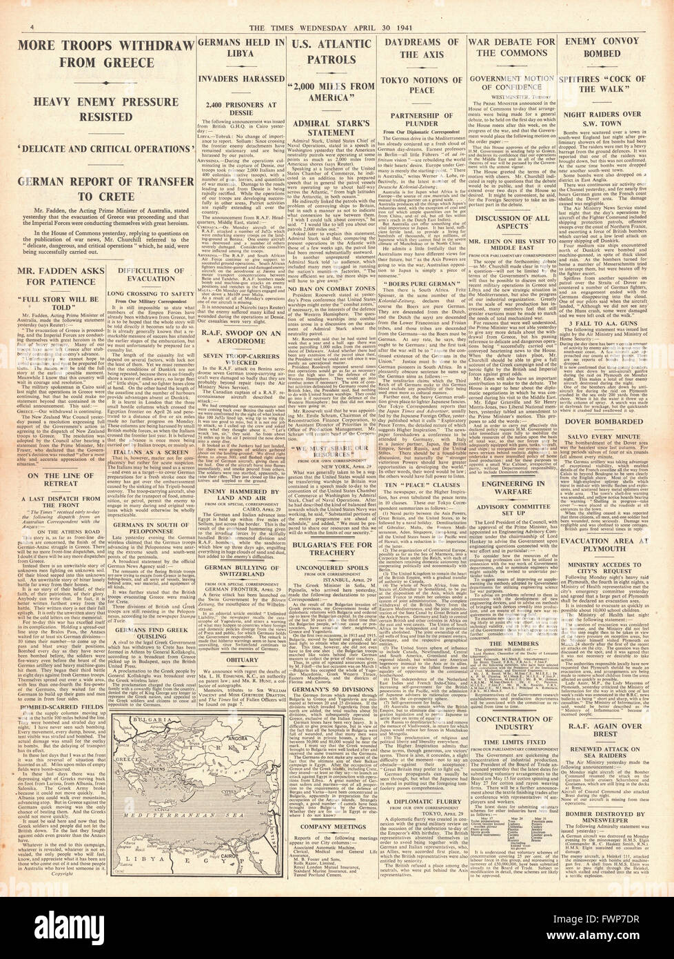 1941 page 4 The Times Allied Forces withdraw from Greece and U.S. Navy assist in Battle of Atlantic Stock Photo