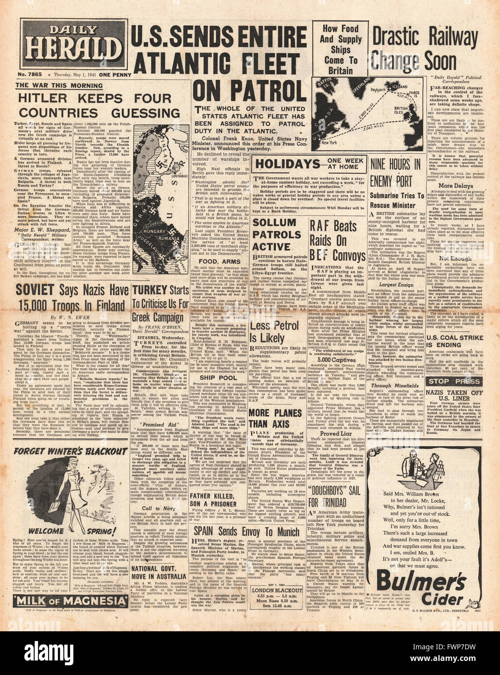1941 front page Daily Herald Allied Forces withdraw from Greece and U.S. Navy assist in Battle of Atlantic Stock Photo