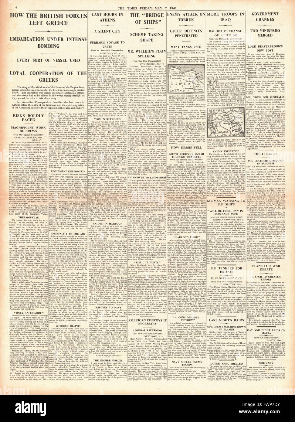 1941 page 4 The Times Allied Forces withdraw from Greece and U.S. Navy assist in Battle of Atlantic Stock Photo