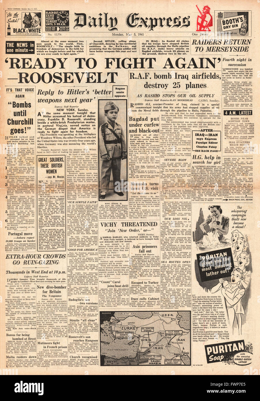 1941 front page  Daily Express Roosevelt says America is ready to fight, RAF bomb Iraq airfields and Luftwaffe bomb Merseyside Stock Photo