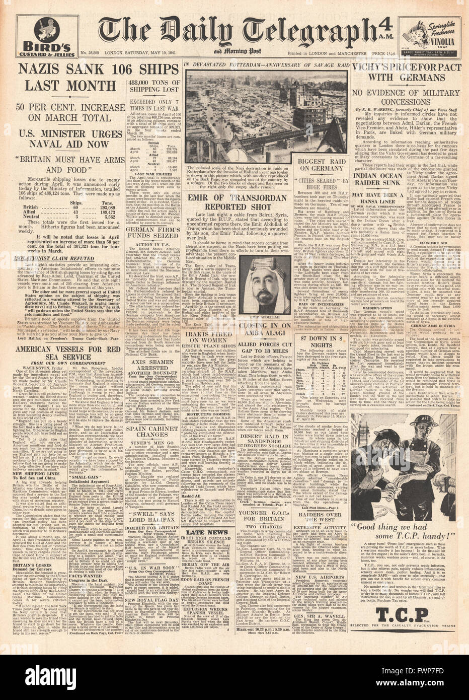 1941 front page Daily Telegraph Heavy Allied Merchant shipping losses, Emir Abdullah of Transjordan shot and Vichy France agrees terms with Germany Stock Photo