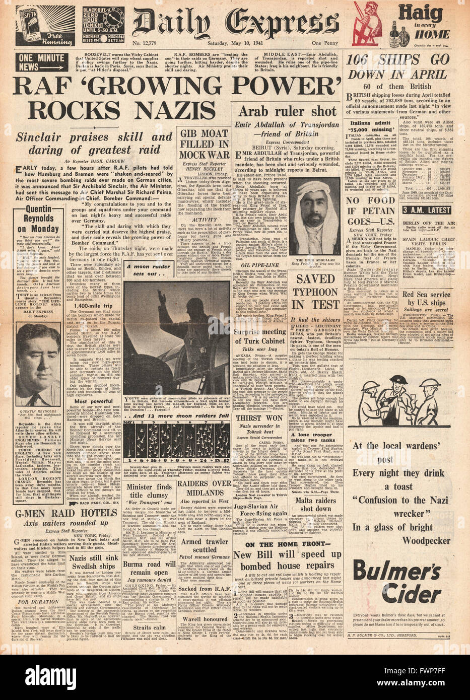 1941 front page Daily Express RAF bombing raids on Hamburg and Bremen, Emir Abdullah shot and Actress Mary Lawson killed in bombing raid Stock Photo