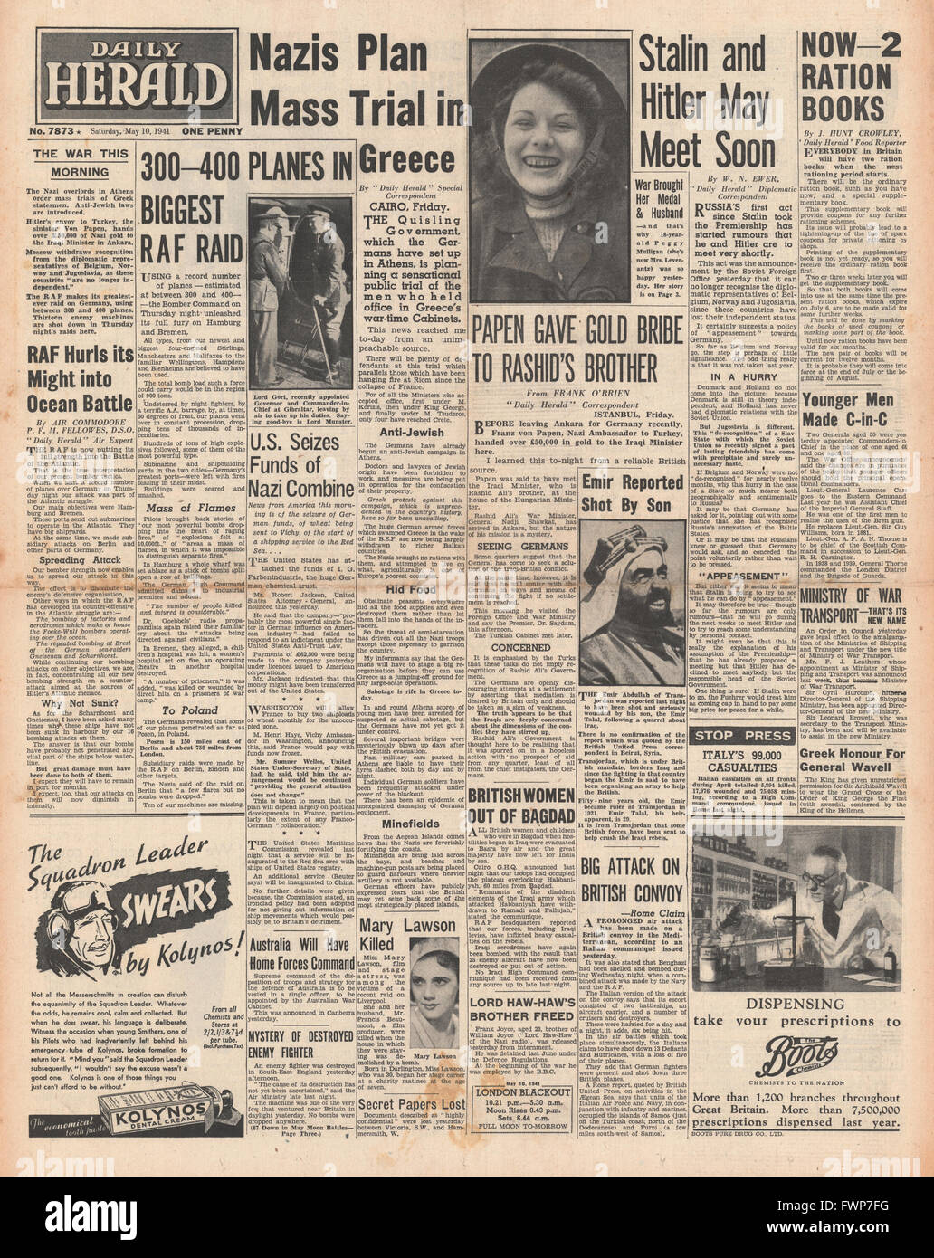 1941 front page Daily Herald RAF bombing raids on Hamburg and Bremen, Emir Abdullah shot and Actress Mary Lawson killed in bombing raid Stock Photo