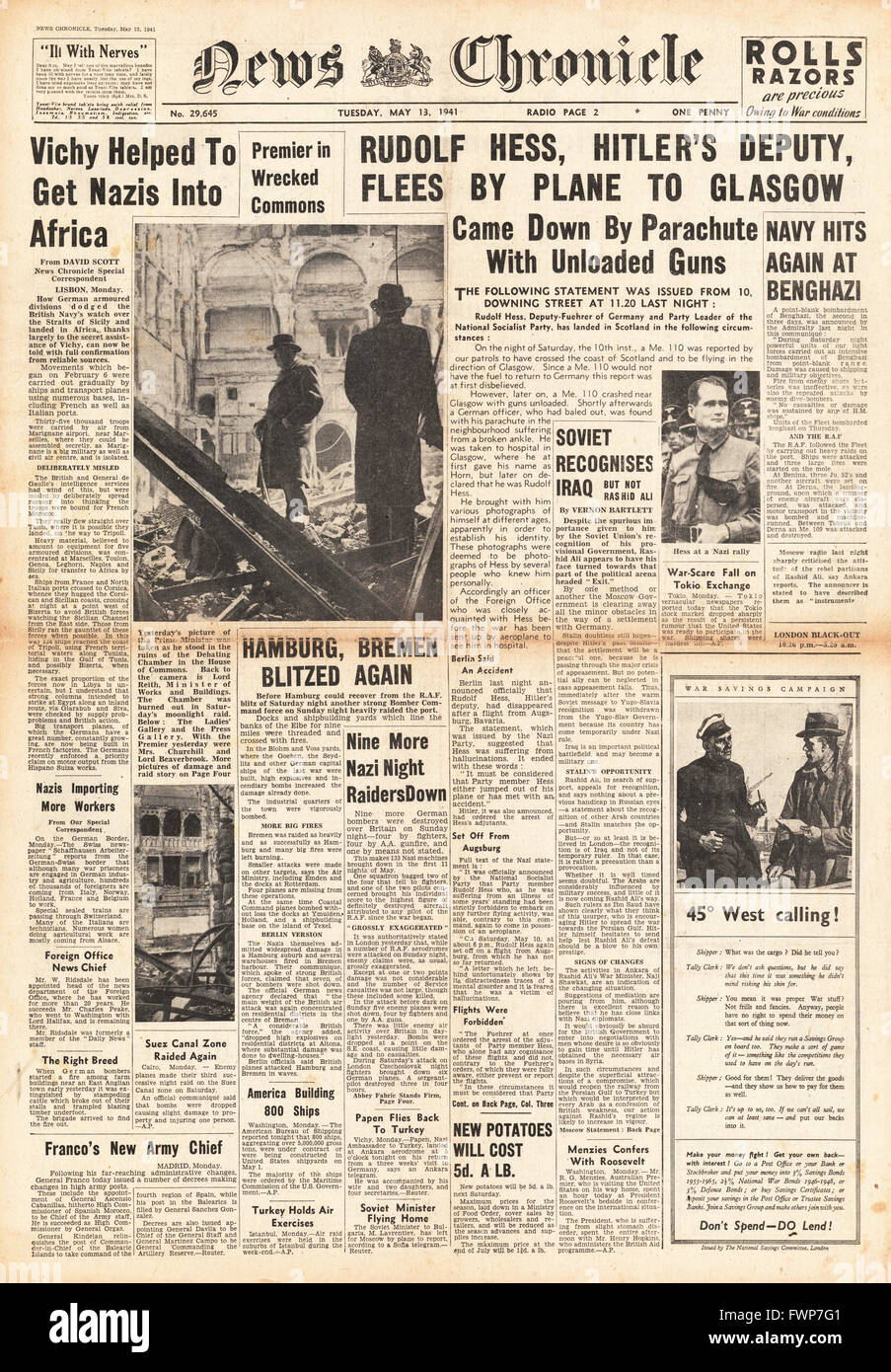 1941 front page  News Chronicle Hitlers Deputy Rudolf Hess files to Britain Stock Photo