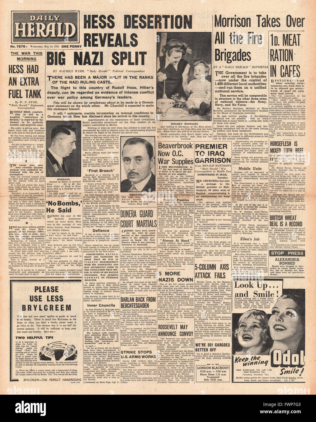 1941 front page Daily Herald Hitlers Deputy Rudolf Hess files to Britain and Herbert Morrison takes control of Britains Fire Brigades Stock Photo