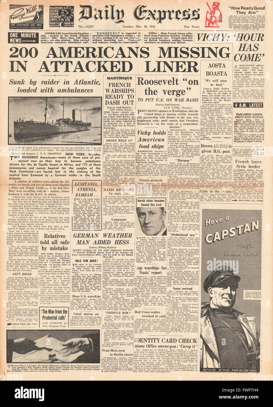 1941 front page Daily Express Egyptian Liner Zamzam sunks by German raider Atlantis Stock Photo