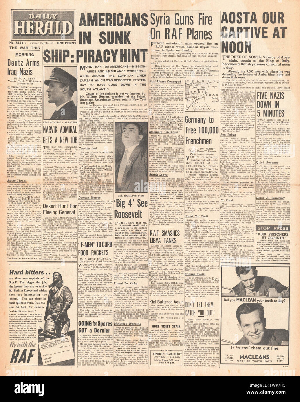 1941 front page Daily Herald Egyptian Liner Zamzam sunks by German raider Atlantis Stock Photo