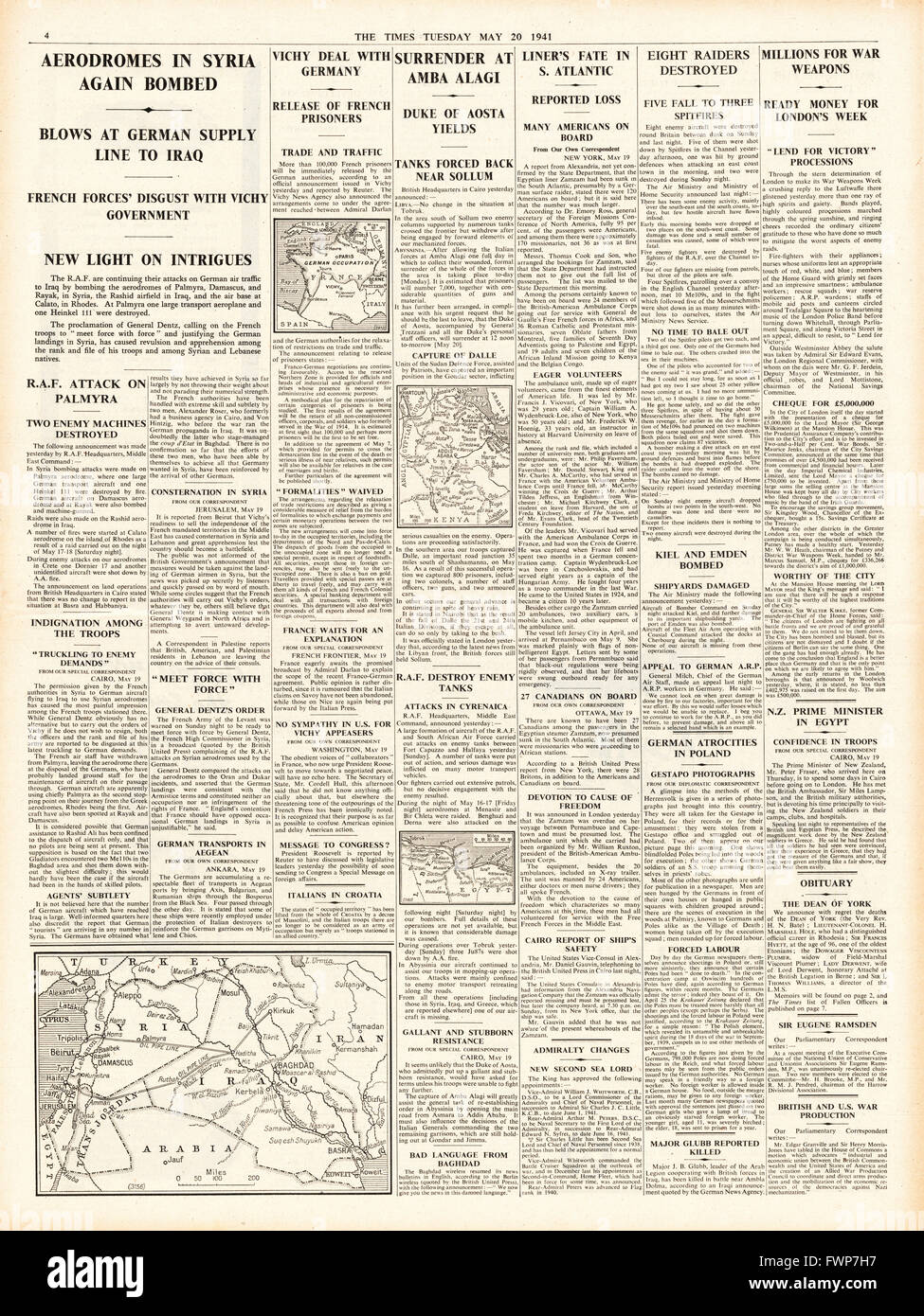 1941 page 4 The Times RAF bomb air bases in Syria, Vichy France deal with Germany, Italian surrender at Amba Alagi and Egyptian Liner Zamzam sunk by German Raider Atlantis Stock Photo