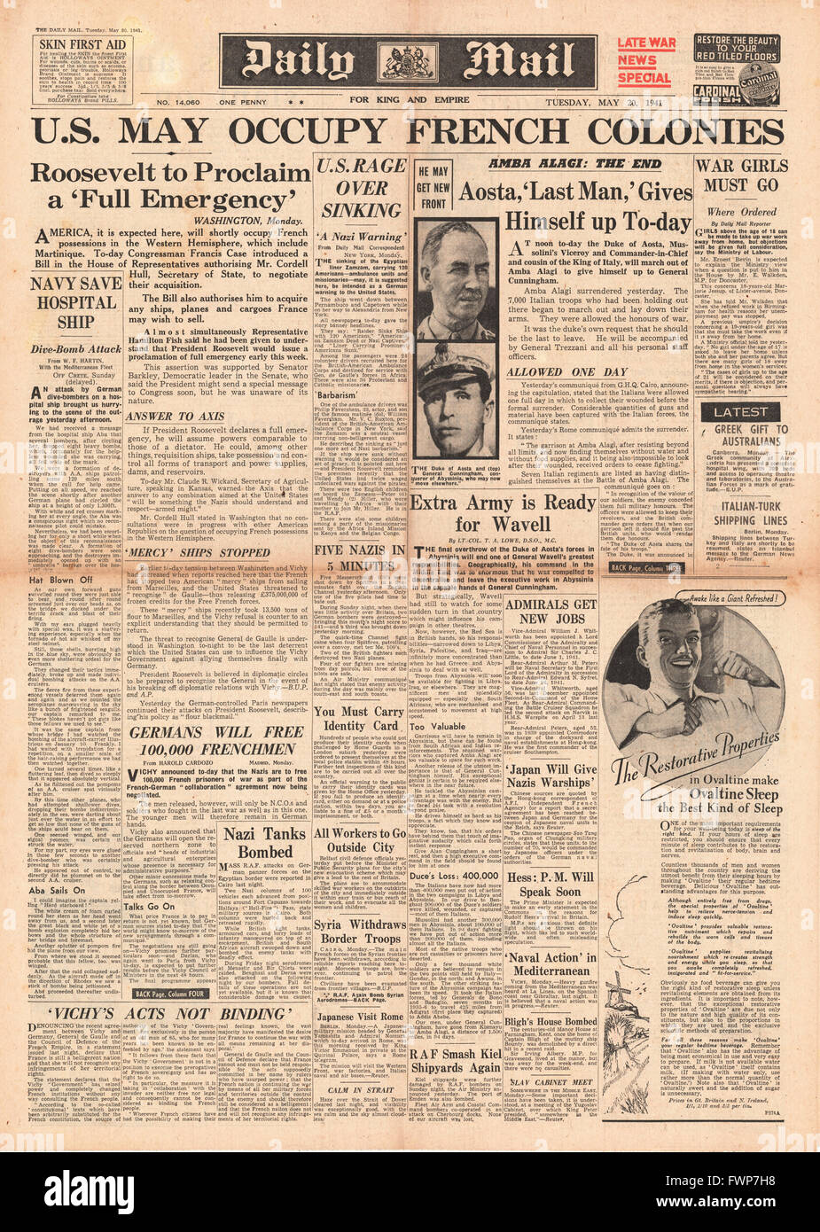 1941 front page Daily Mail U.S. considers occupying French colonies and Italian surrender at Amba Alagi Stock Photo