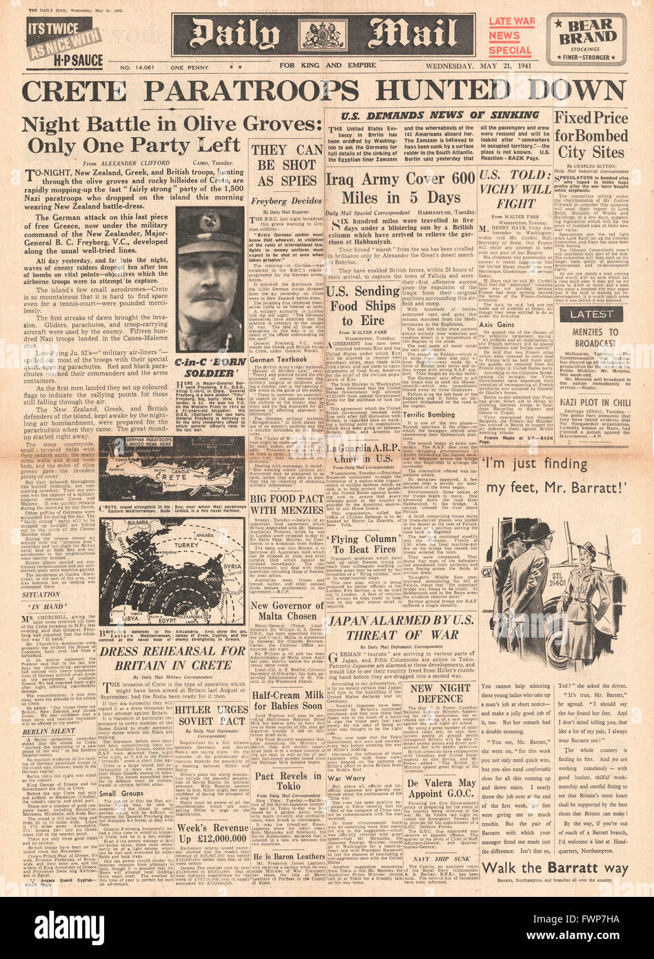 1941 front page Daily Mail German forces invade Crete, British forces battle in Iraq and Vichy France protest over U.S. threat to French territories Stock Photo
