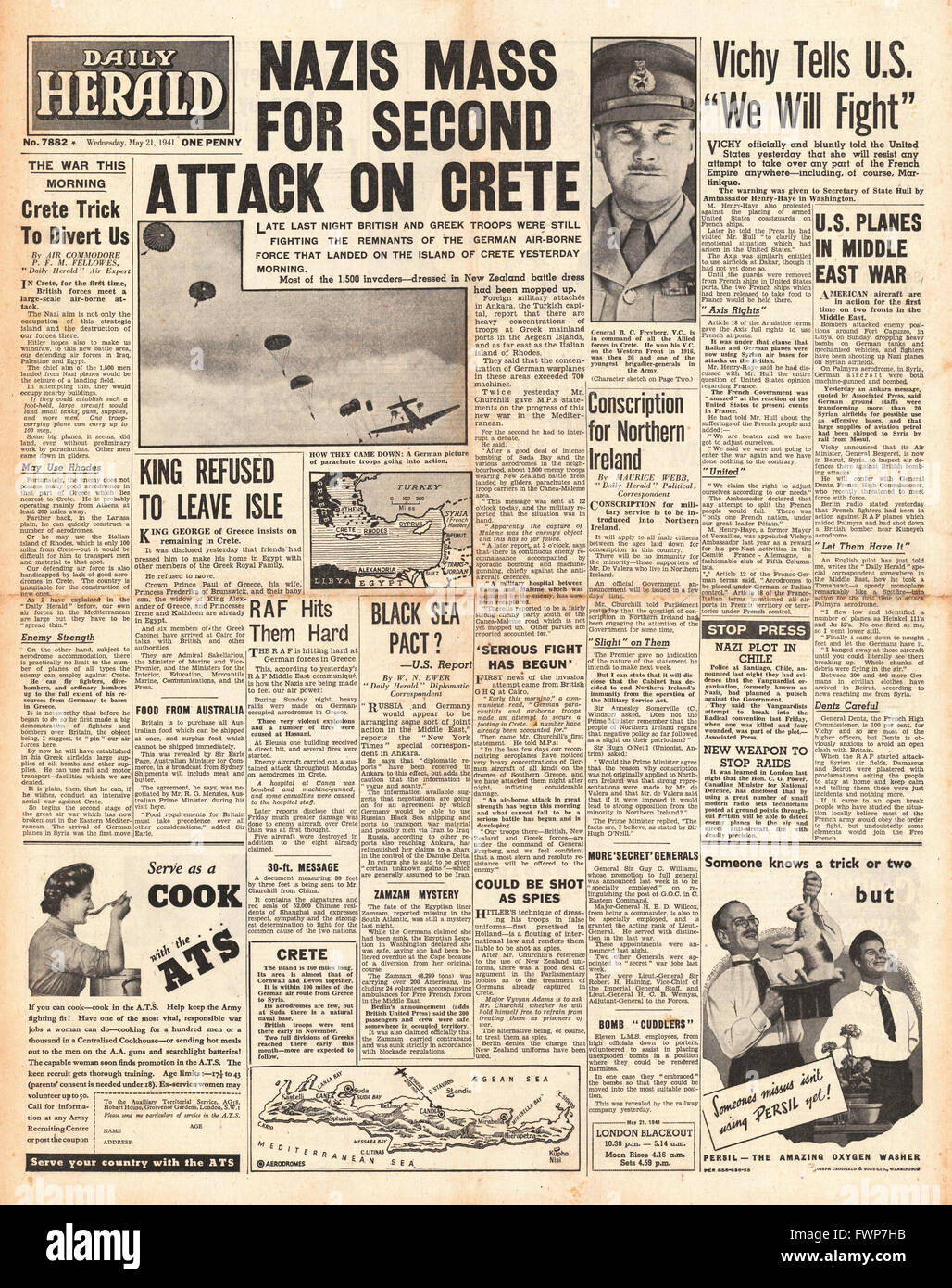 1941 front page Daily Herald German forces invade Crete and Vichy France protest over U.S. threat to French territories Stock Photo