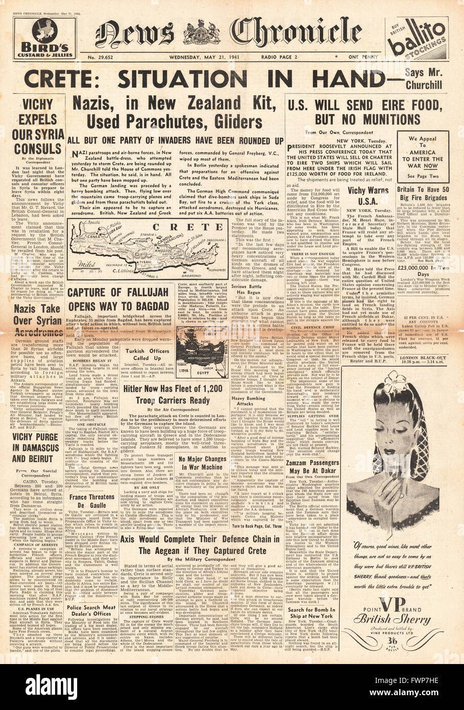 1941 front page News Chronicle German forces invade Crete, U.S. to send food to Eire and Vichy France protest over U.S. threat to French territories Stock Photo