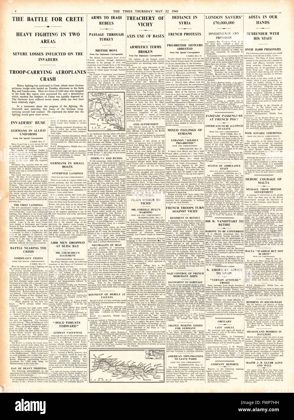 1941 page 4 The Times Battle for Crete, Duke of Aosta surrenders in Abyssinia and Vichy France allows Axis to use of Marseille and Toulon Stock Photo
