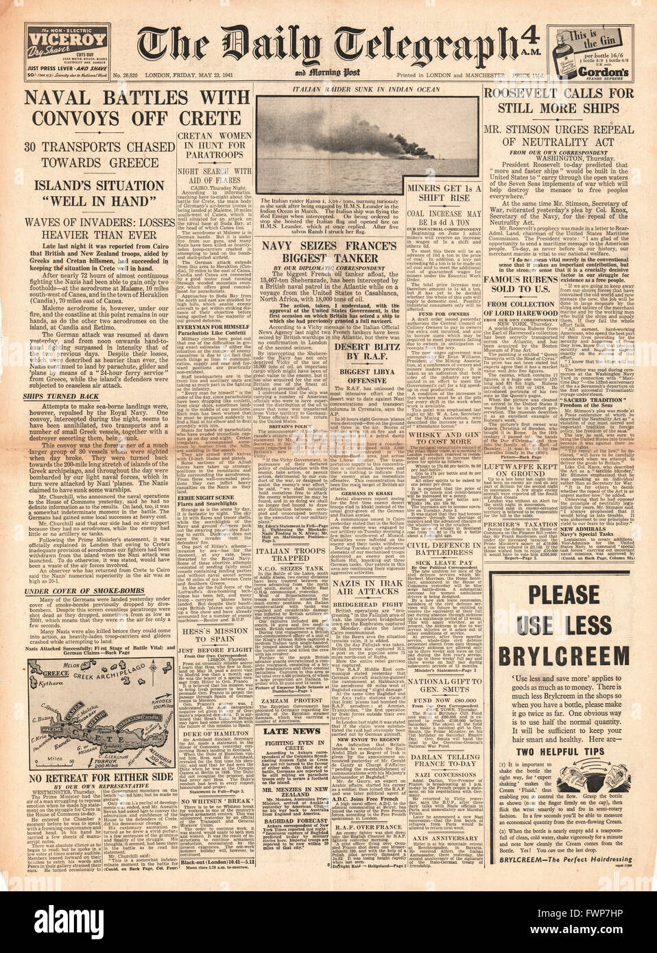 1941 front page Daily Telegraph Battle for Crete, Royal Navy seize French oil tanker Sheherazade and Roosevelt calls for more ships Stock Photo