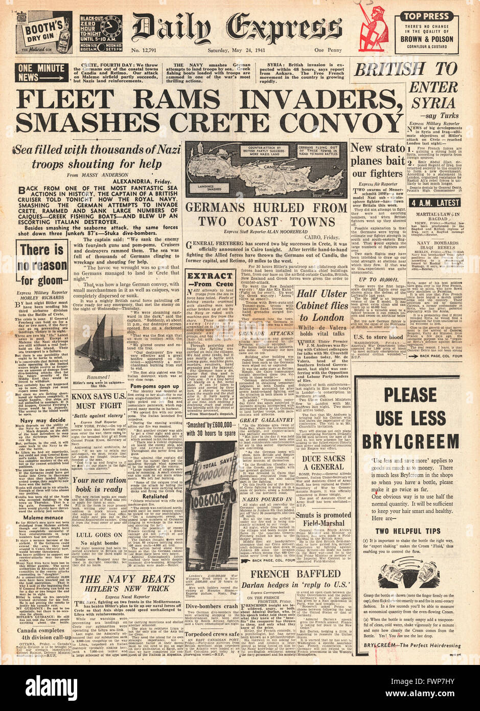 1941 front page Daily Express Naval battle for Crete Stock Photo