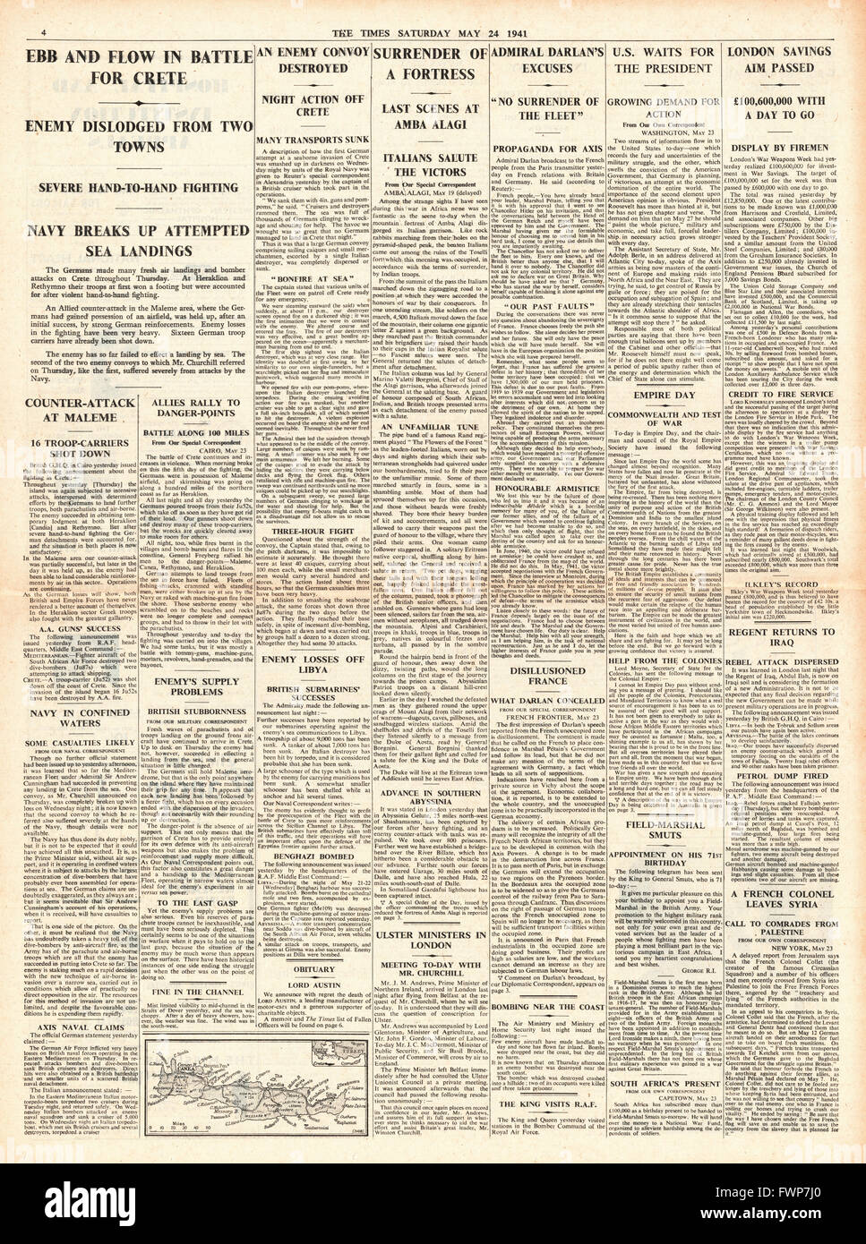 1941 page 4 The Times Battle for Crete and surrender of fortress at Amba Alagi Stock Photo