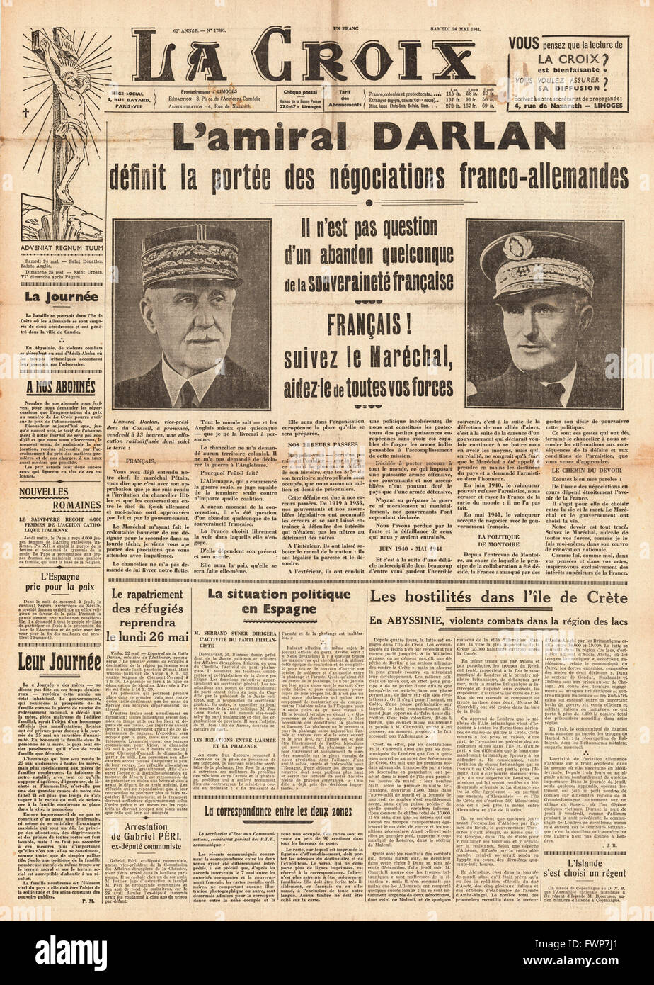 1941 front page La Croix French - German diplomatic talks Stock Photo