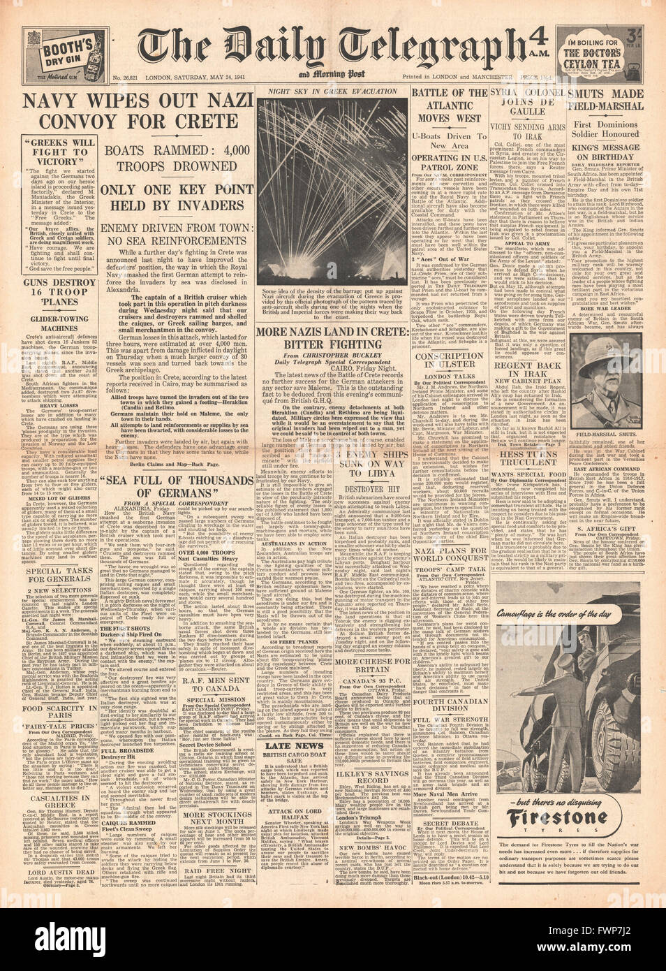 1941 front page Daily Telegraph Naval battle for Crete Stock Photo