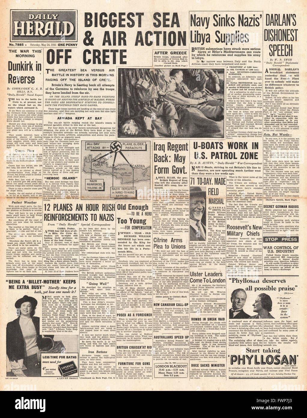1941 front page Daily Herald Naval battle for Crete Stock Photo
