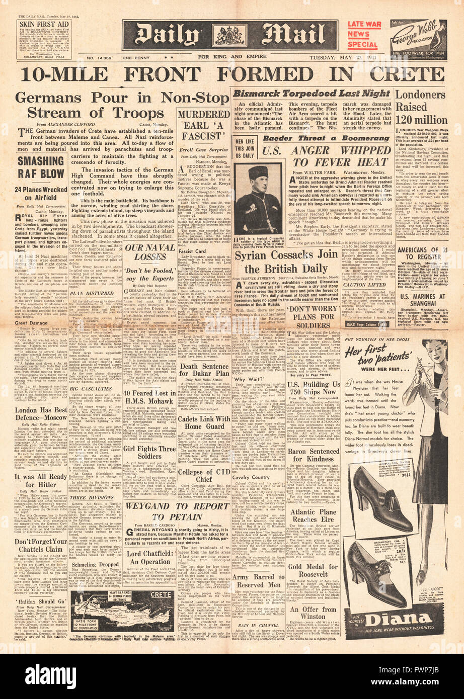 1941 front page Daily Mail Battle for Crete Stock Photo