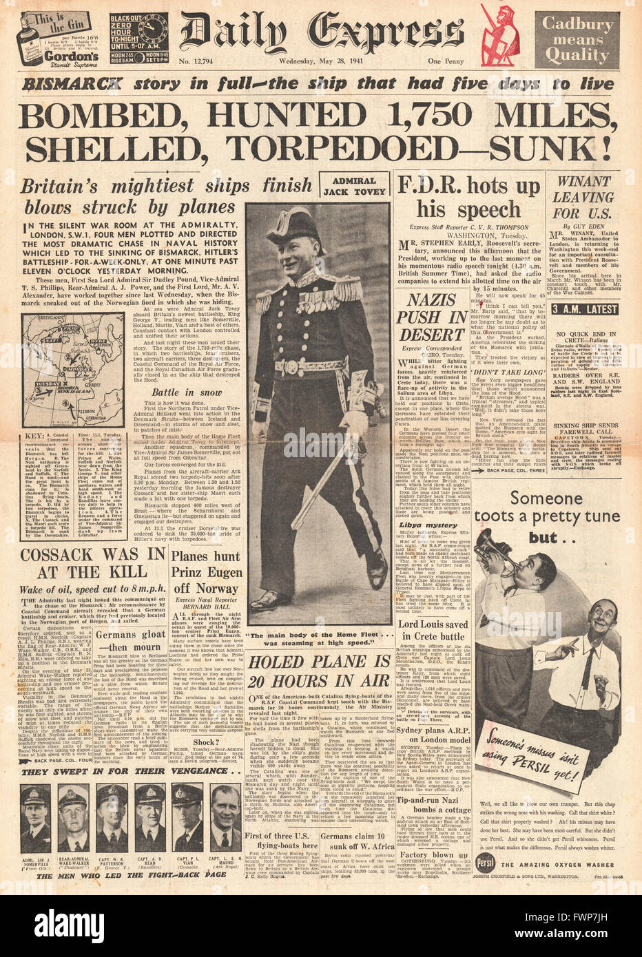1941 front page Daily Express  Battle for Crete and Royal Navy Planes torpedo battleship Bismarck Stock Photo