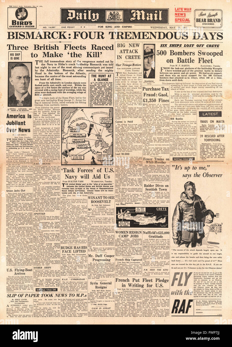1941 front page Daily Mail  Battle for Crete and Royal Navy Planes torpedo battleship Bismarck Stock Photo