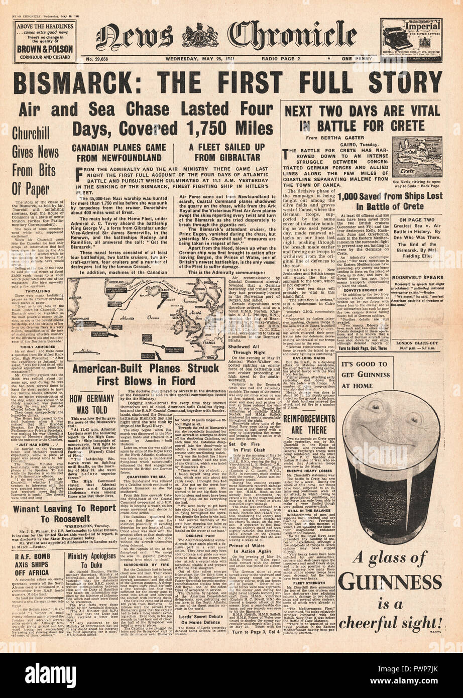 1941 front page News Chronicle  Battle for Crete and Royal Navy Planes torpedo and sink the battleship Bismarck Stock Photo