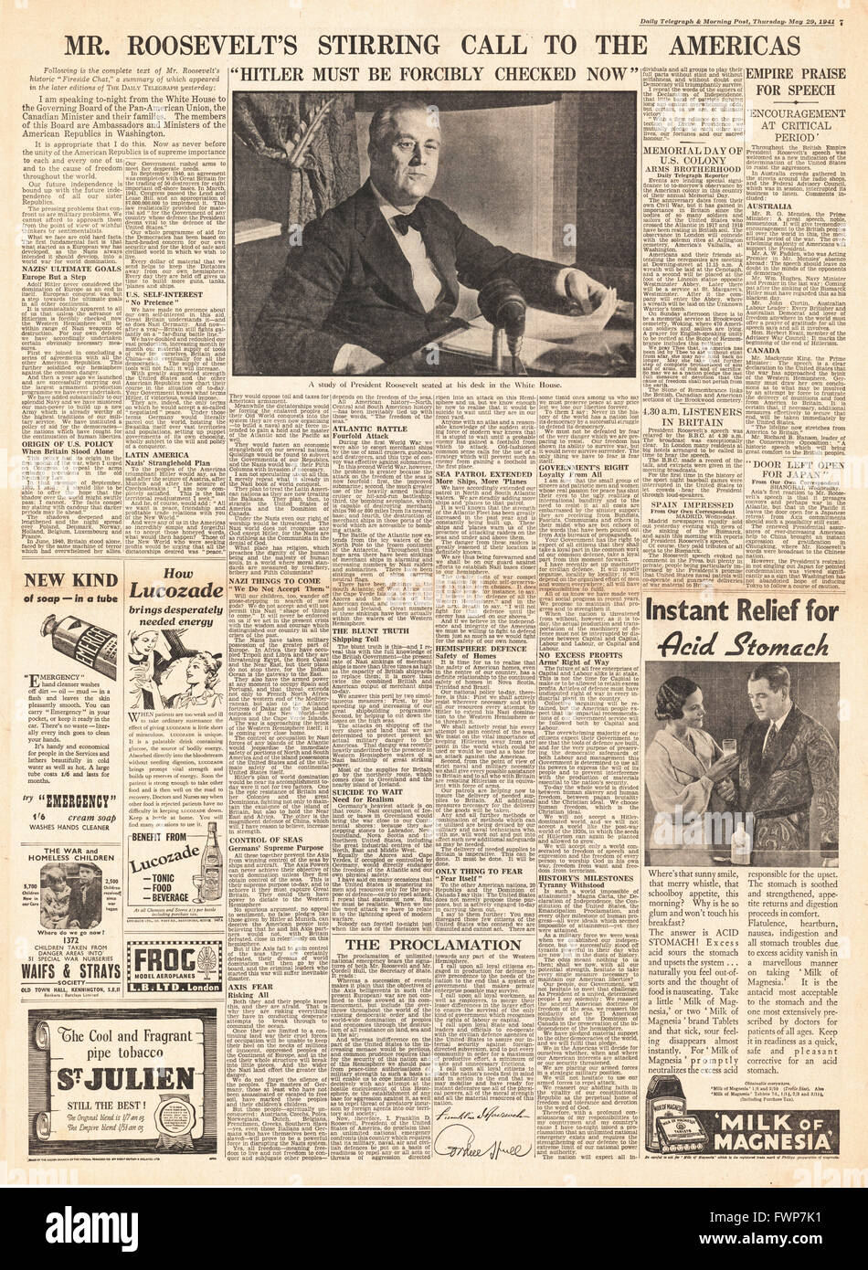1941 page 7 Daily Telegraph Roosevelt speech America prepared for action Stock Photo