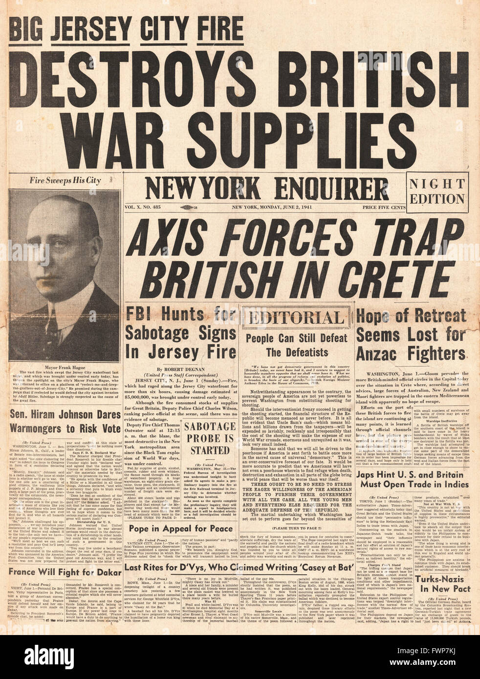 1941 front page  New York Enquirer Britsh Army face defeat in Crete Stock Photo
