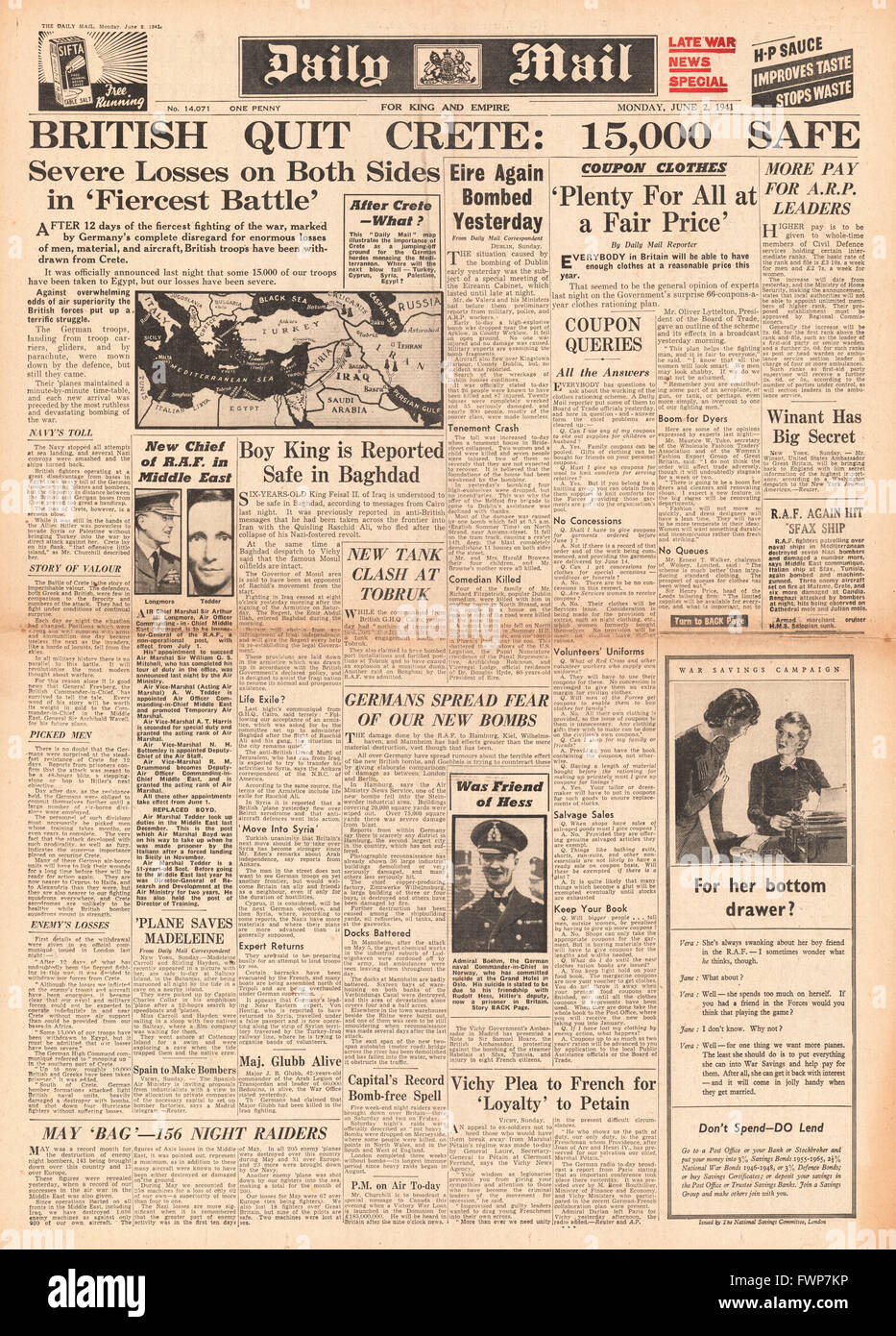 1941 front page  Daily Mail Crete evacuated by British Forces and fighting ends in Iraq Stock Photo