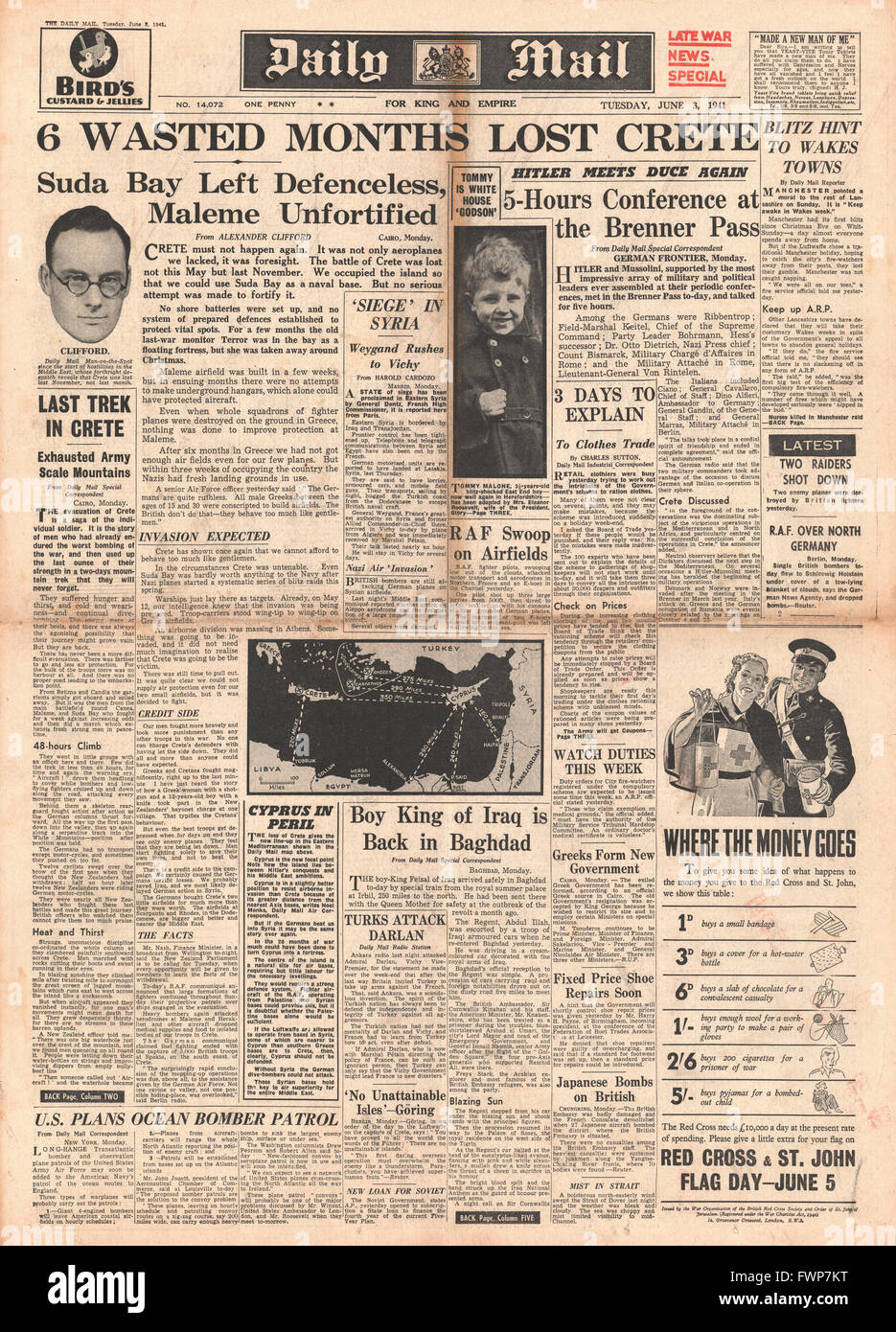 1941 front page  Daily Mail Allied defeat in Crete and King Feisal returns to Baghdad Stock Photo