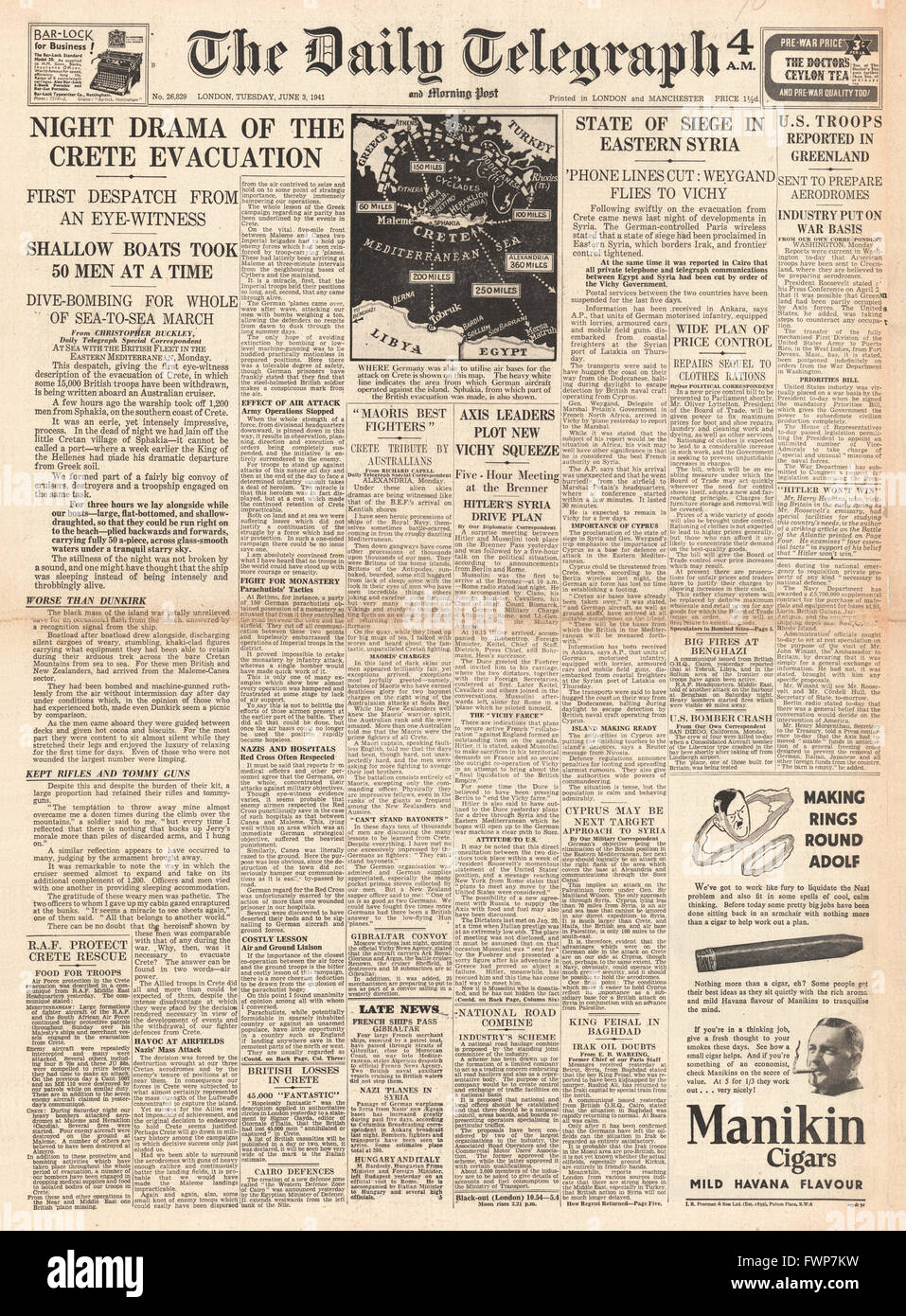 1941 front page Daily Telegraph Allied defeat in Crete and state of siege in Syria Stock Photo