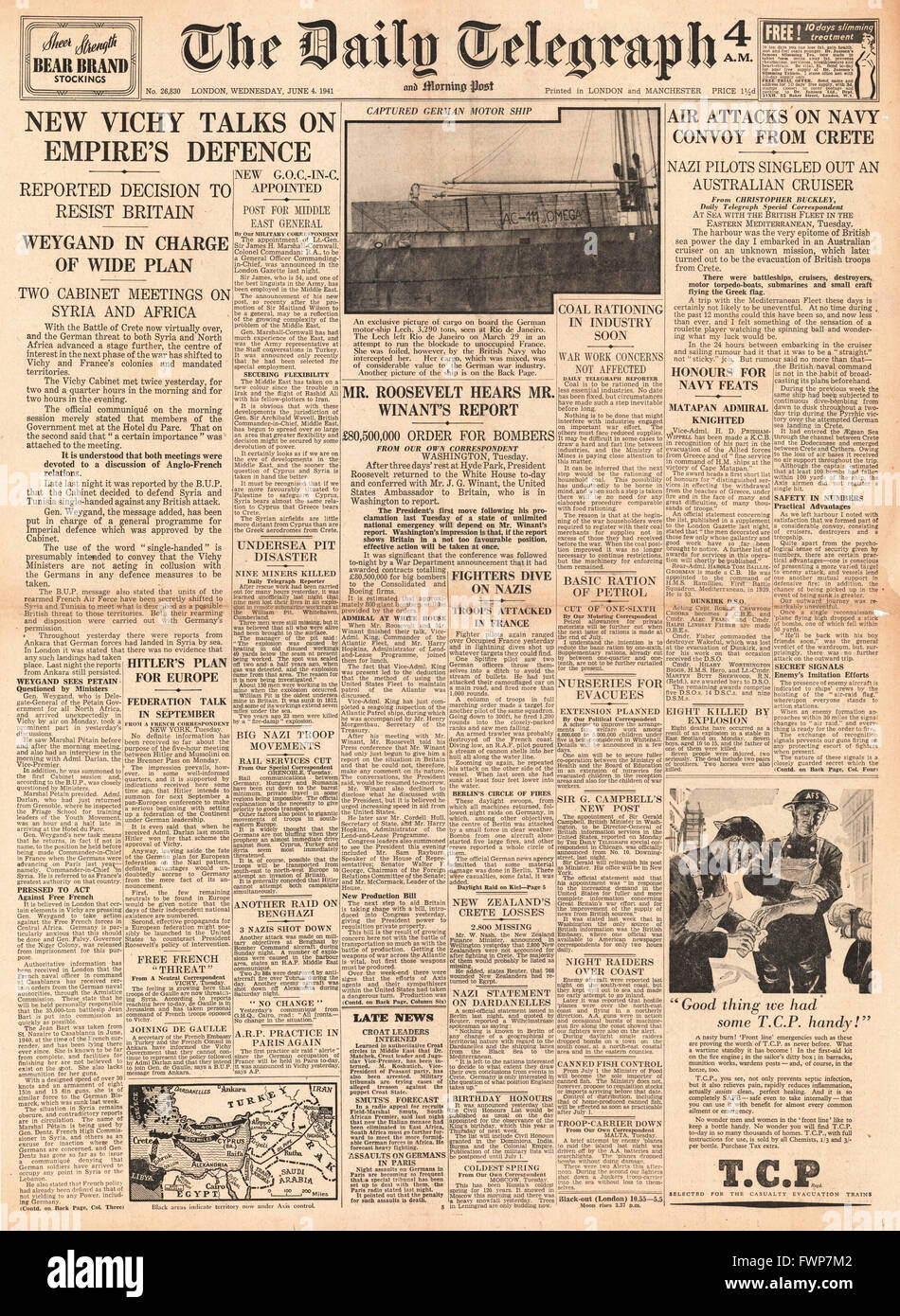 1941 front page  Daily Telegraph Vichy France in defence talks Stock Photo