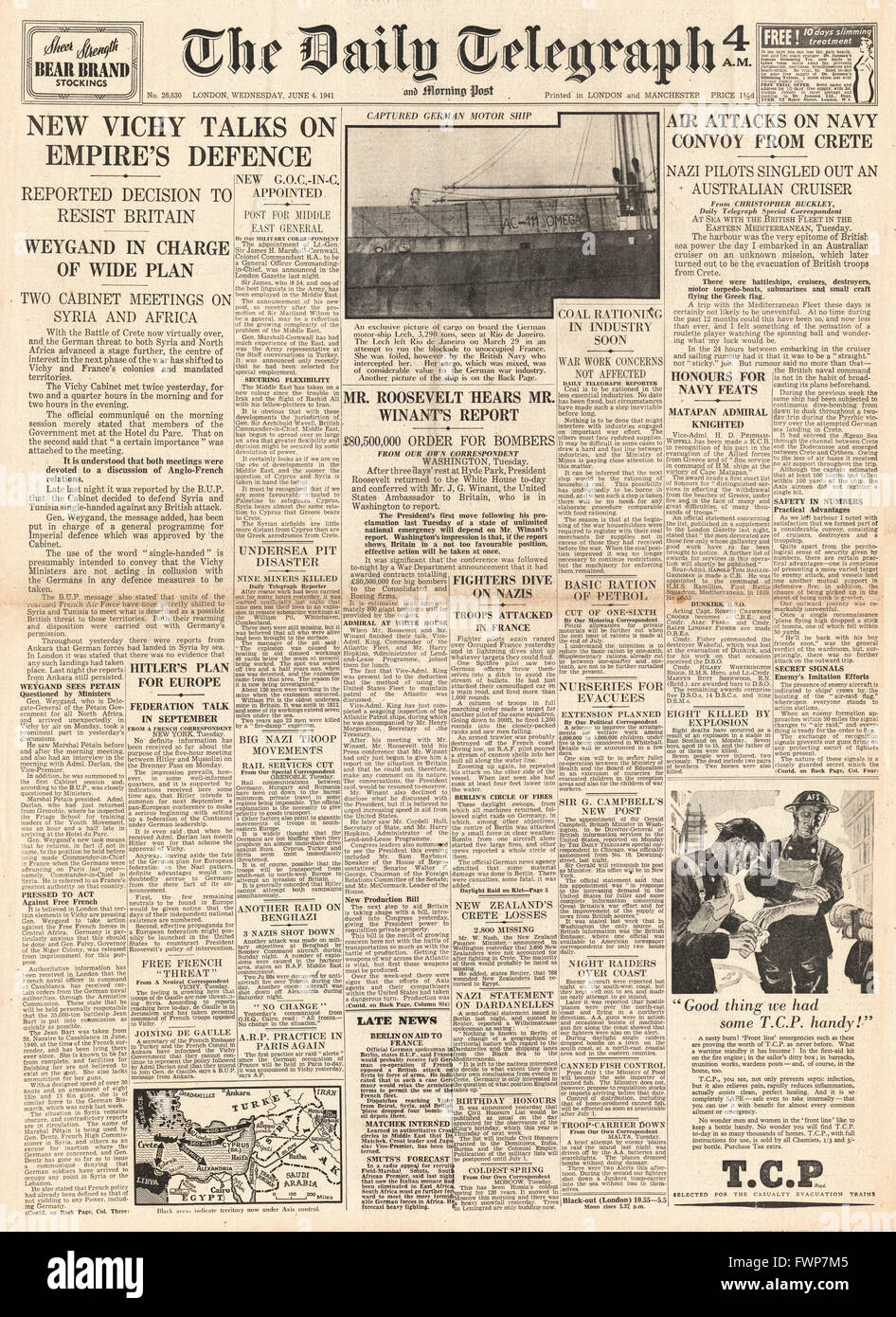 1941 front page  Daily Telegraph Vichy France in defence talks Stock Photo