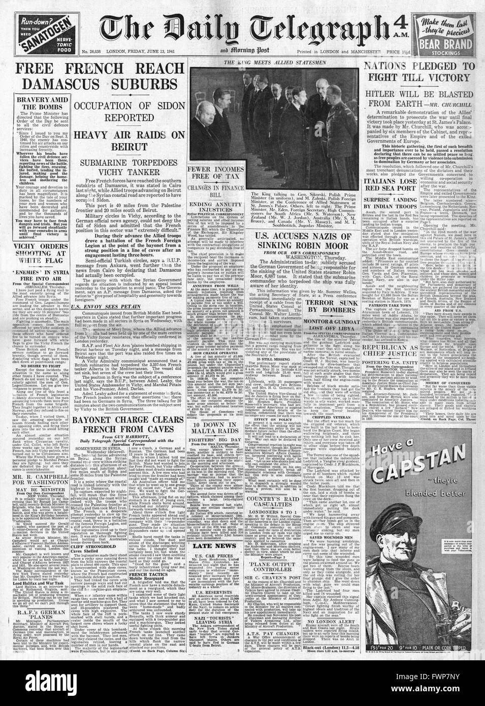 1941 front page Daily Telegraph Allied Troops enter Damascus Stock Photo