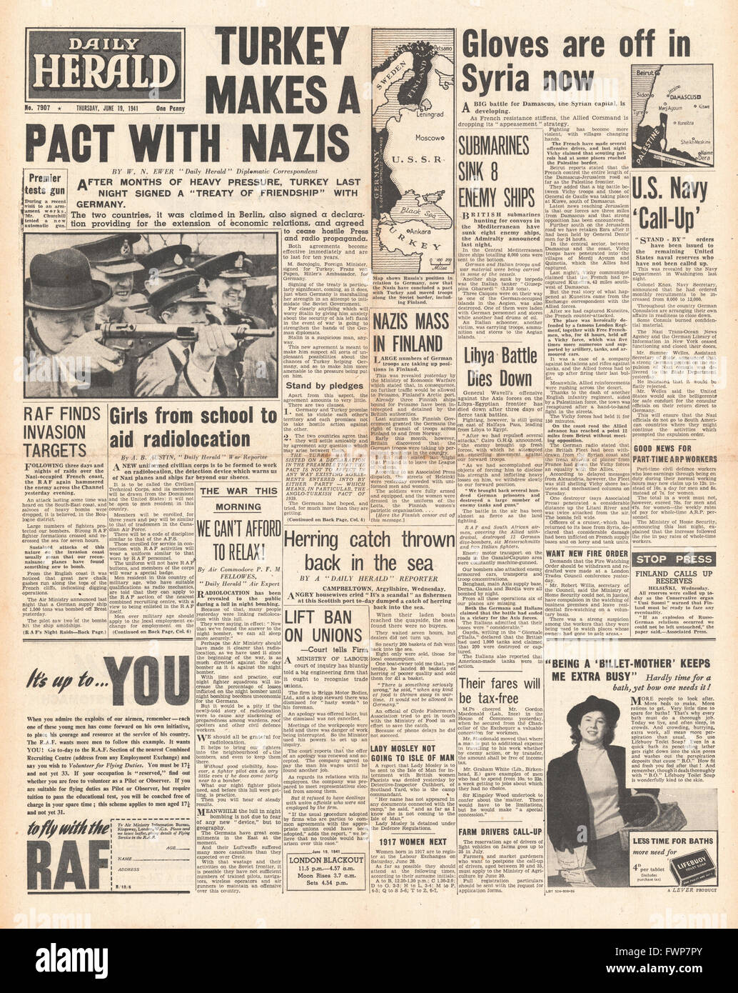 1941 front page Daily Herald Turkey signs pact with Germany and Battle ...