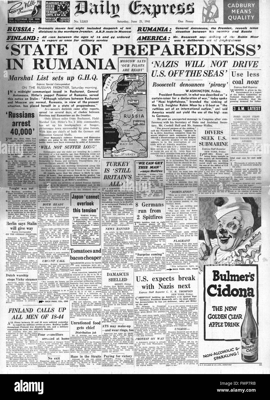 1941 front page Daily Express Romania on high alert over relations with Russia Stock Photo