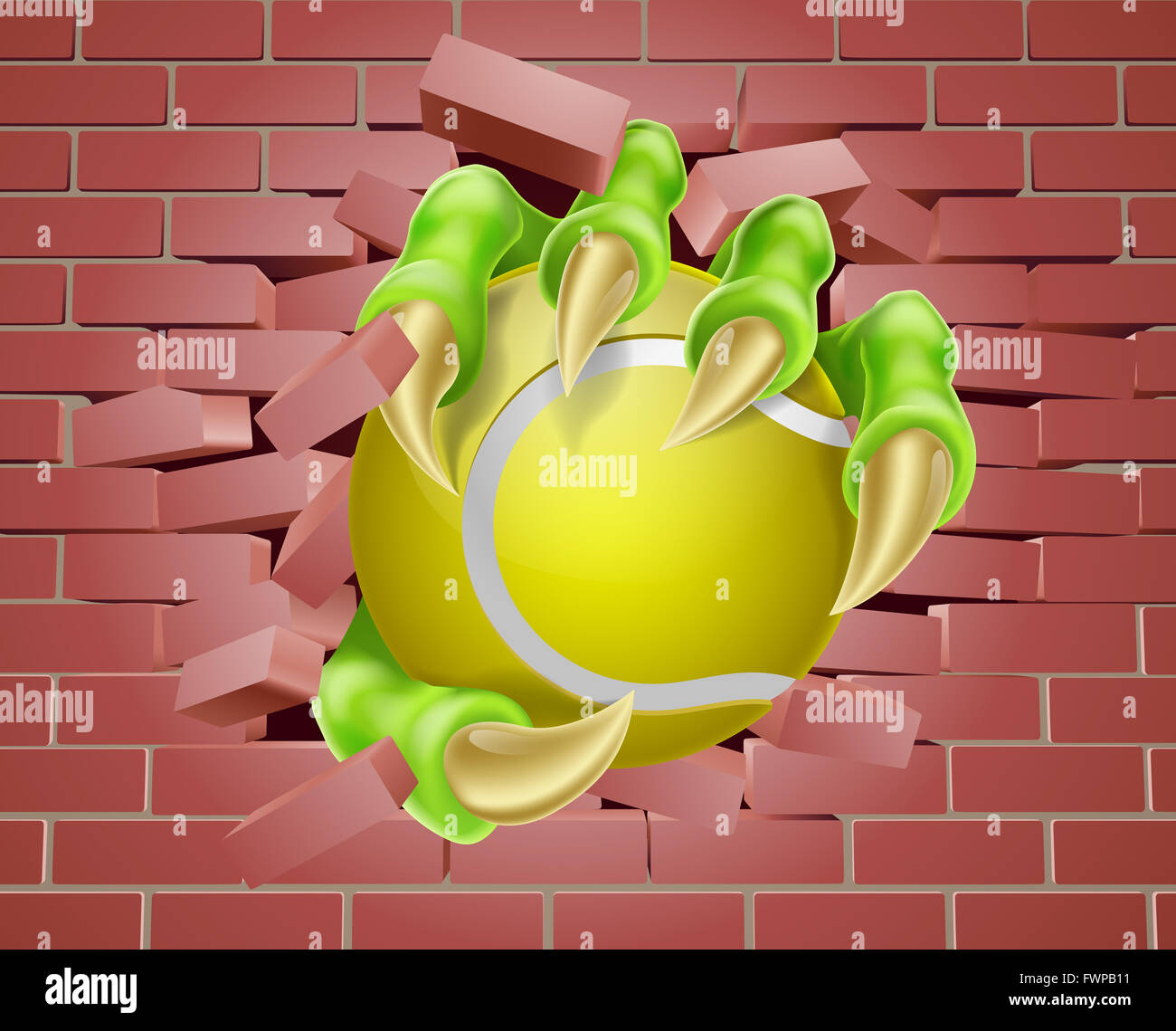 An illustration of a claw hand holding a tennis ball breaking through a