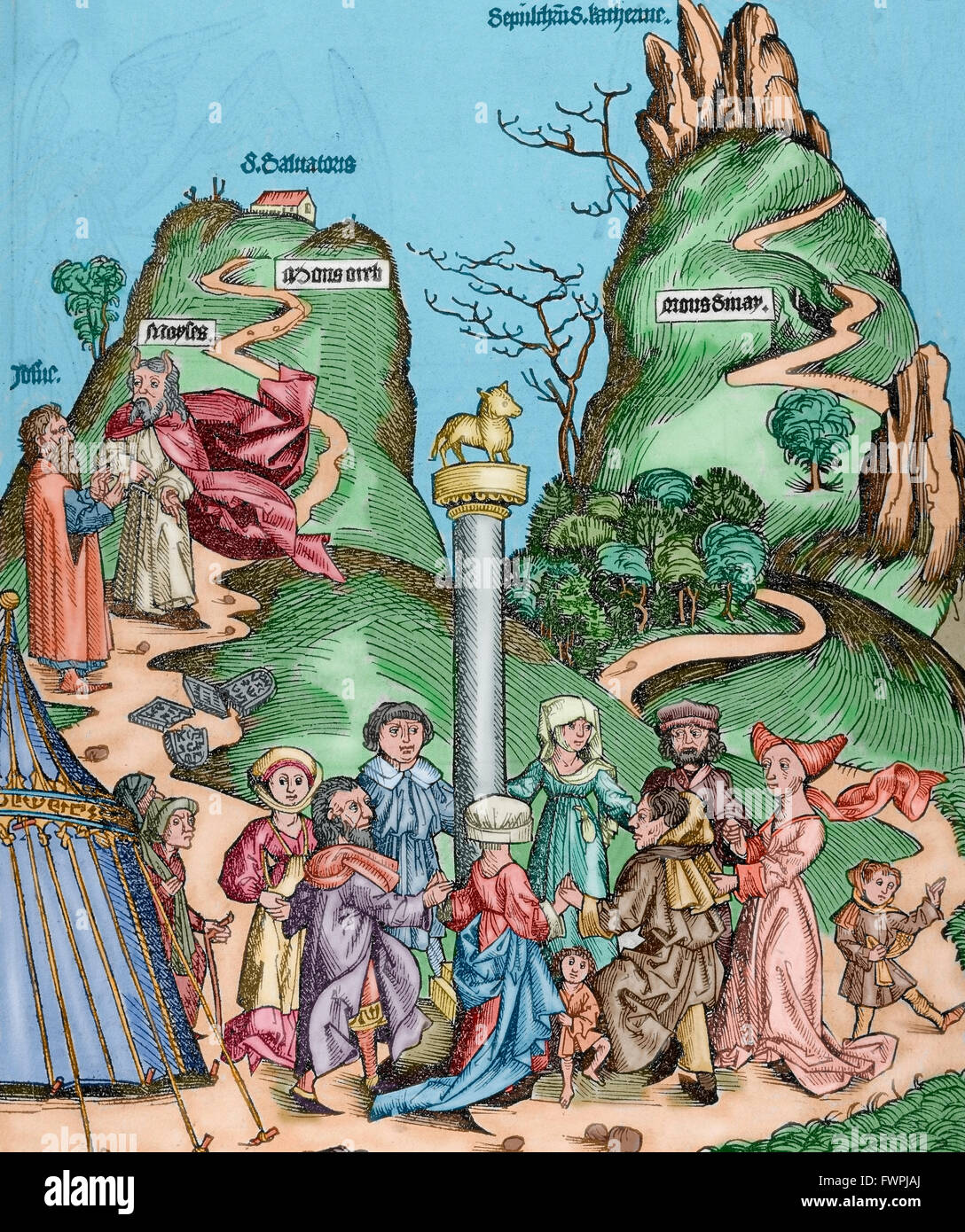 Moses and Joshua descend from Mount Sinai with the tablets of the Law broken and found the Israelites worshiping the golden fleece. Engraving in Liber Chronicarum by Hartman Schedel, 15th century. Latin edition. Colored. Stock Photo