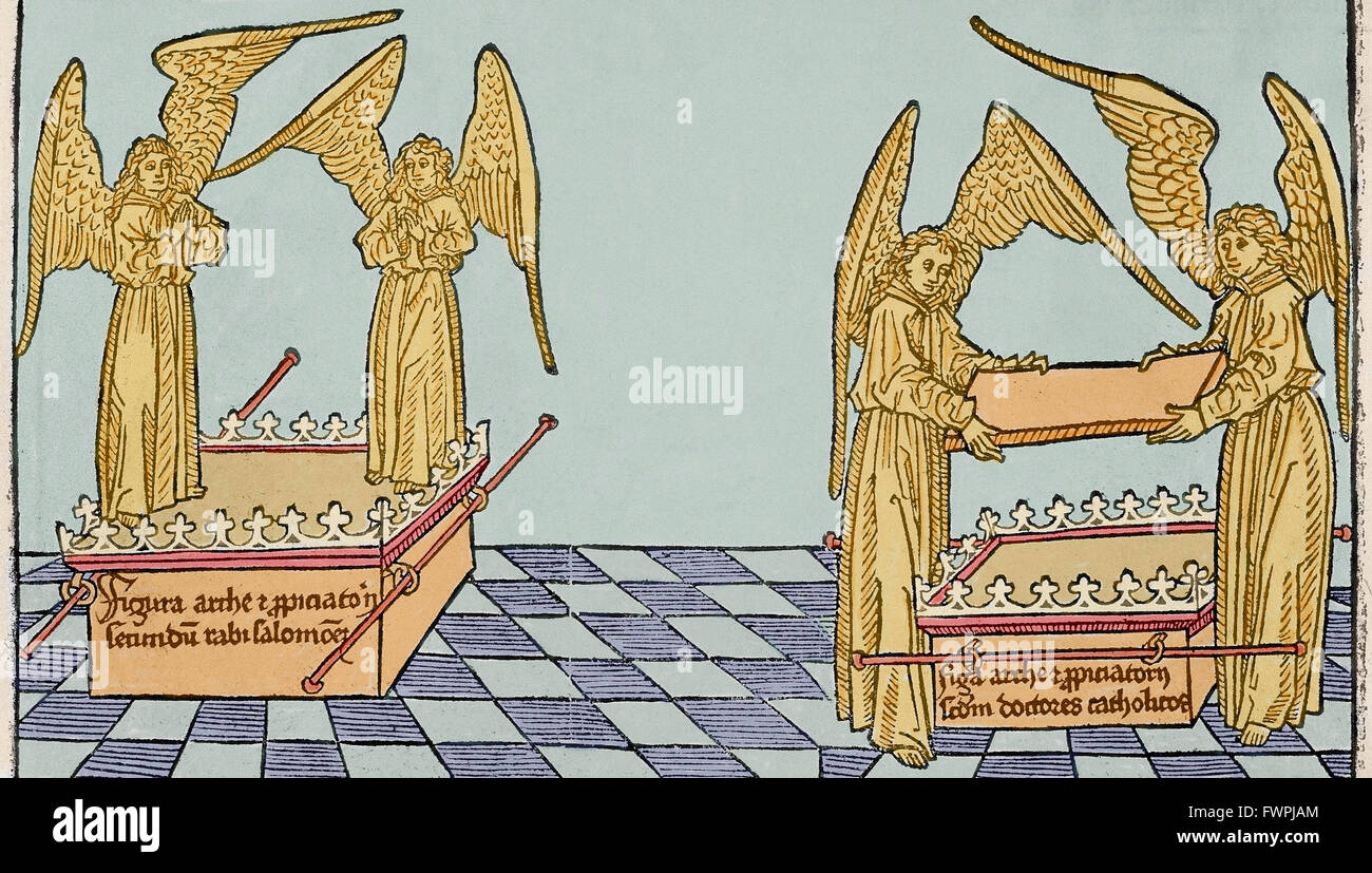 Ark of the Covenant. Engraving, 16th century. Colored. Stock Photo