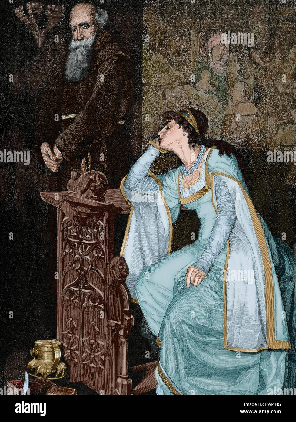 William Shakespeare (1564-1616). English writer. Romeo and Juliet. Juliet with Friar Laurence. Engraving by E. Hopmann, 1884. Colored. Stock Photo