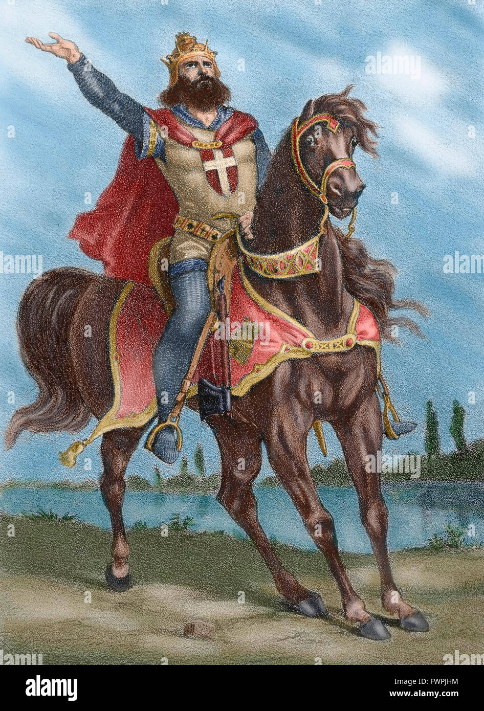 Ferdinand III (c.1201-1252), called Ferdinand the Saint. King of Castile and Leon. Ferdinand III on horseback. Engraving in Spain Illustrated History by R. del Castillo, 19th century. Colored. Stock Photo