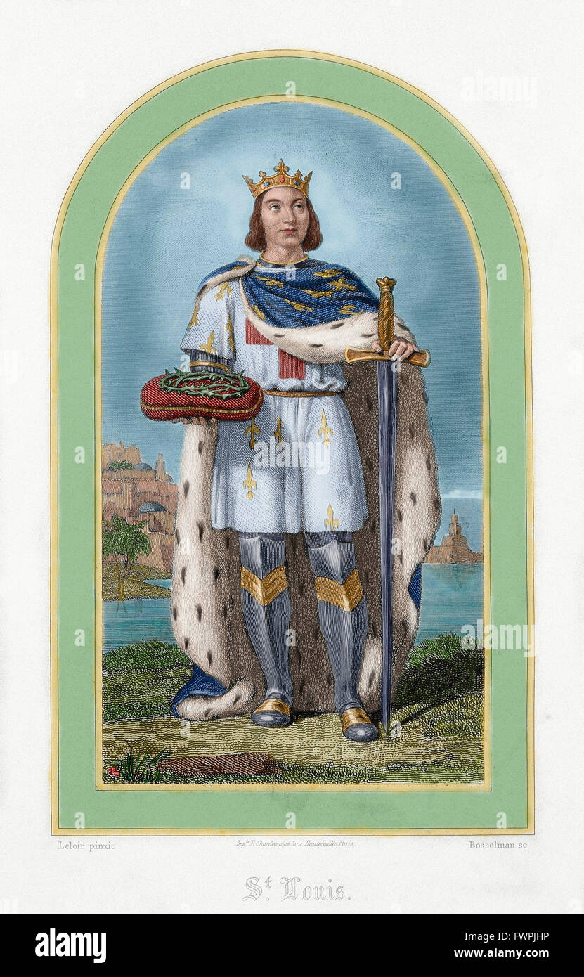 Louis IX or Saint Louis (1214-1270). King of France. Engraving, 19th century. Colored. Stock Photo