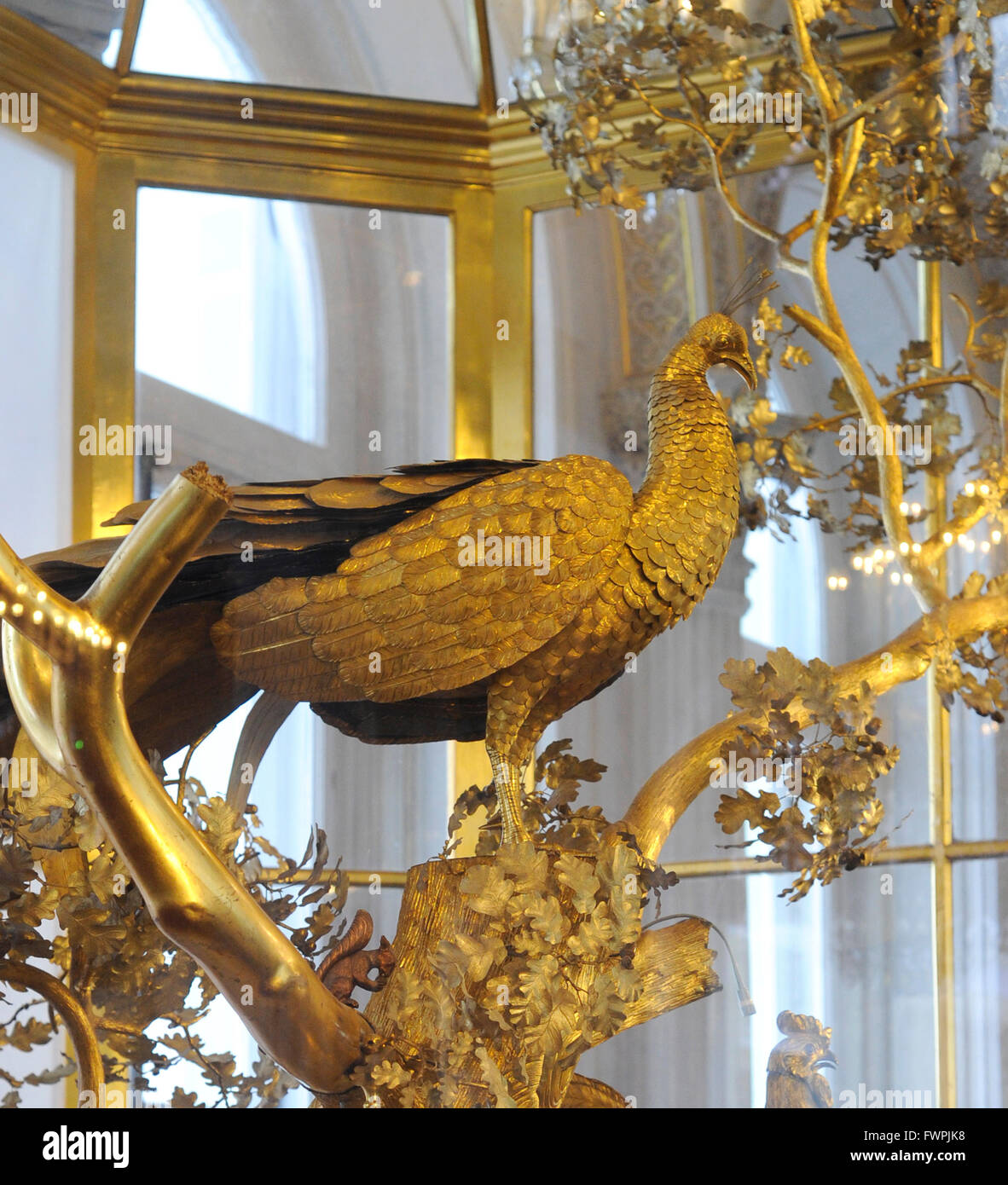 The Peacock Clock. Mechanical clock built by James Cox (c.1723-1800). 1770s. Gilded bronze. Pavilion Hall. Small Hermitage. The State Hermitage Museum. Saint Petersburg. Russia. Stock Photo
